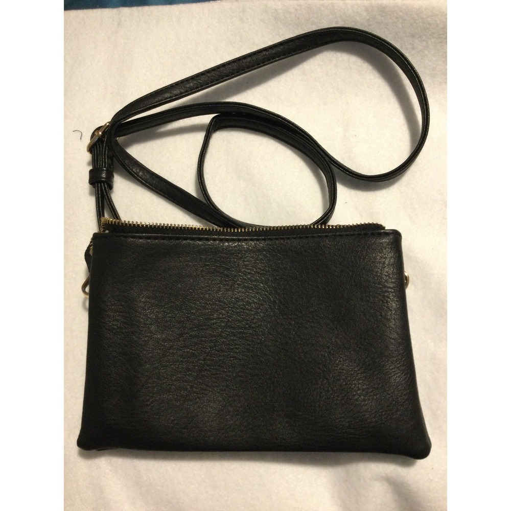 Black Pebbled Faux Leather Crossbody Bag Gold Hardware Chevron Lining Small